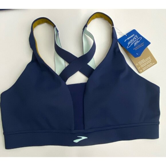 Brooks Large Drive Plunge Run Sports Bra Navy Ice Olive Compressive Strappy - Picture 6 of 11
